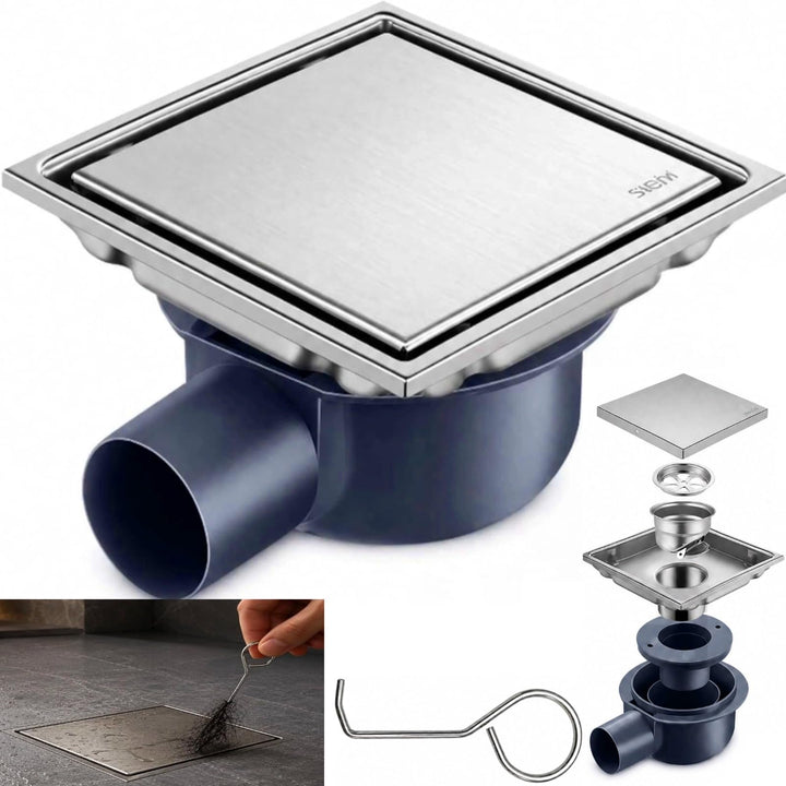 Duschrinne Quadratisch Edelstahl Bodenablauf mit 360° Siphon Geruchsstop, 2 in1 Befliesbar Ablaufrin