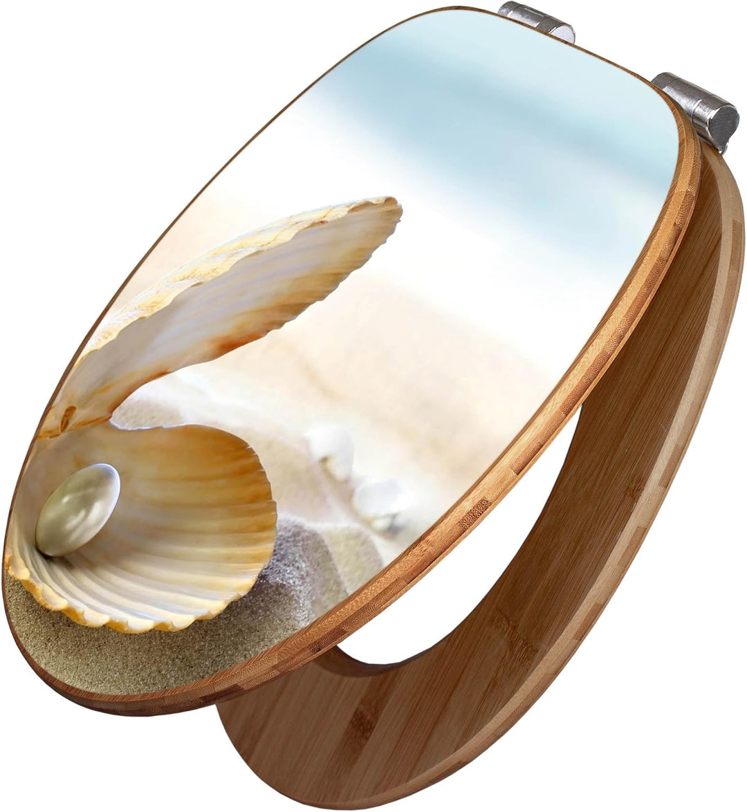 banjado® Design WC Sitz Bambus Absenkautomatik mit Motiv Perlenmuschel/Toilettendeckel mit Absenkaut