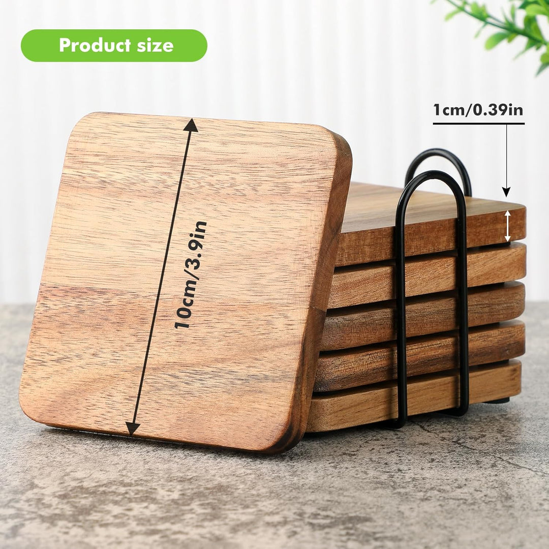 Untersetzer Gläser Holz 6er Set, Untersetzer aus Akazienholz mit Halter, Glasuntersetzer Holz eckig,