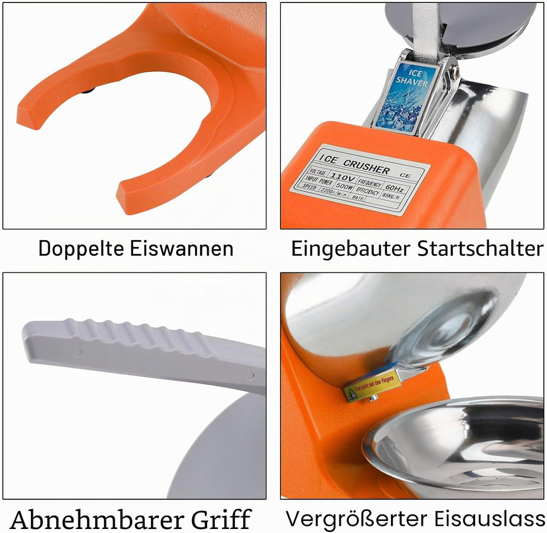 Eiscrusher Ice Crusher Elektrisch 500W, 65-85 kg/h Crushed Ice Maschine für Slushies Cocktails | Cru