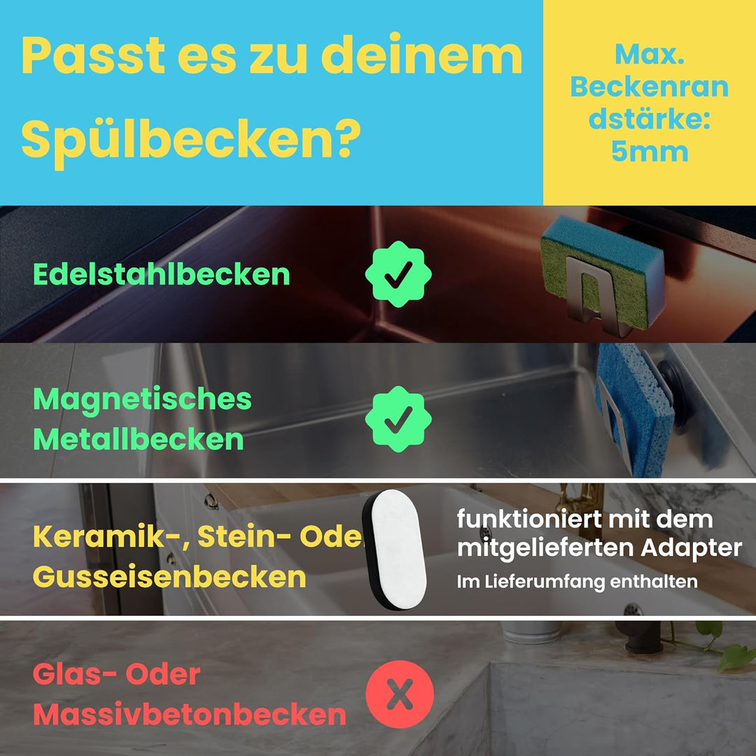 Happy Sinks Magnetischer Schwammhalter für Küchenspüle – für Stahl-, Metall- und Verbundspülen, mit
