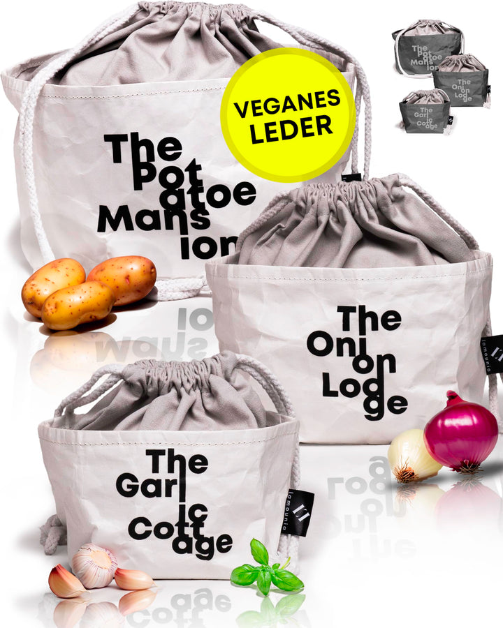 lamounia - Nachhaltige Boho Säckchen aus veganem Leder als Kartoffel Aufbewahrungsbox im 3er Set - S