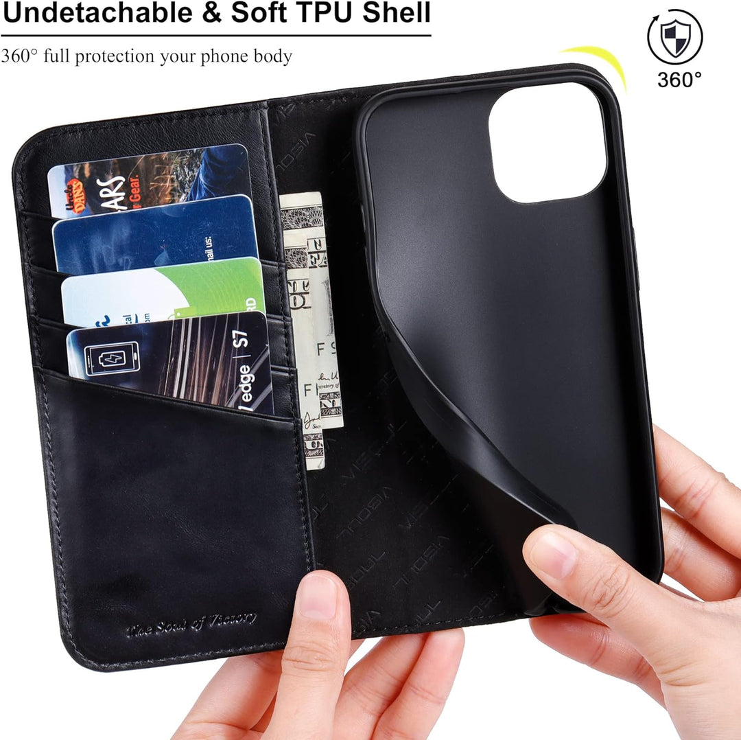 VISOUL iPhone 14 Plus Hülle, Stossfeste Handyhülle [Erstklassiges Rindsleder], TPU Schutzhülle [Kart