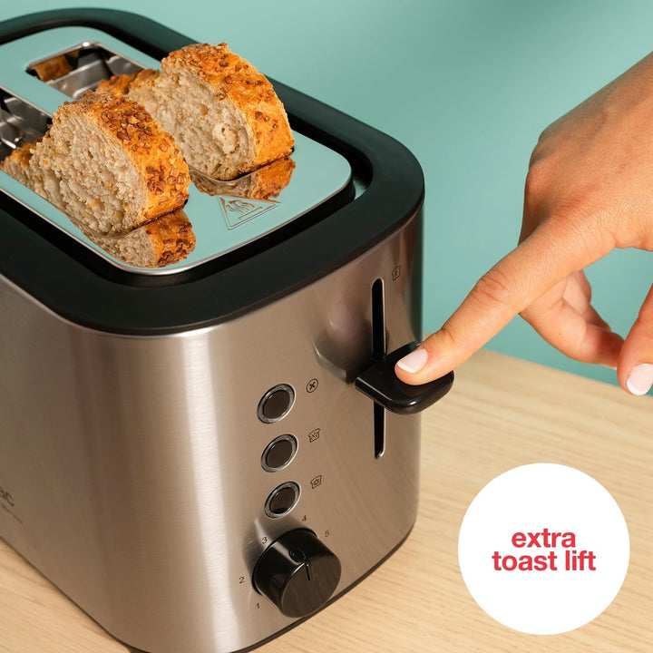 Solac – Toaster Buon Giorno Mini Inox, 870W, 13x11,5x3,4cm Toastfläche, 6 Bräunungsstufen, 3 Funktio