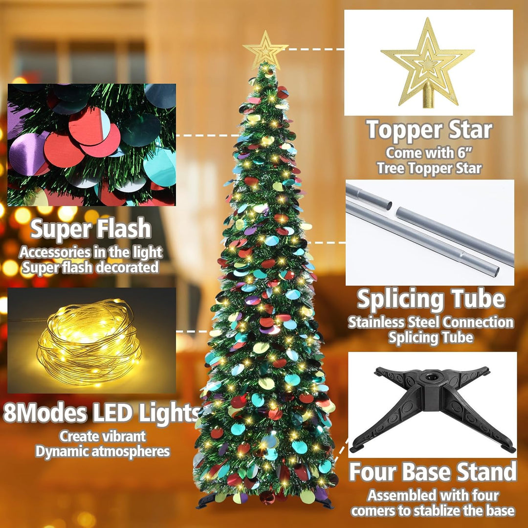 HMASYO 150 cm Pop-Up Lametta Weihnachtsbaum mit 50 Timer-Lichtern, Buntes Grün Zusammenklappbarer Kü