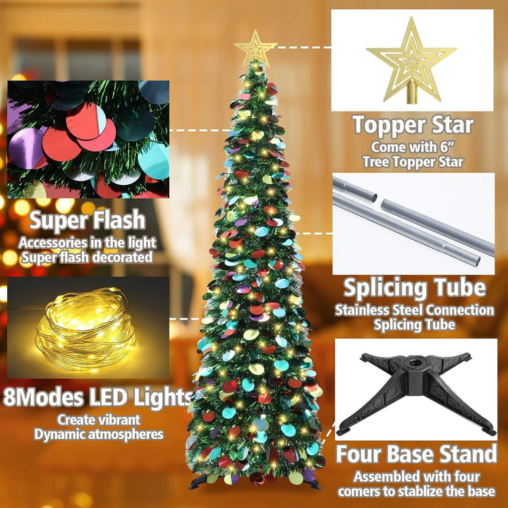 HMASYO 150 cm Pop-Up Lametta Weihnachtsbaum mit 50 Timer-Lichtern, Buntes Grün Zusammenklappbarer Kü