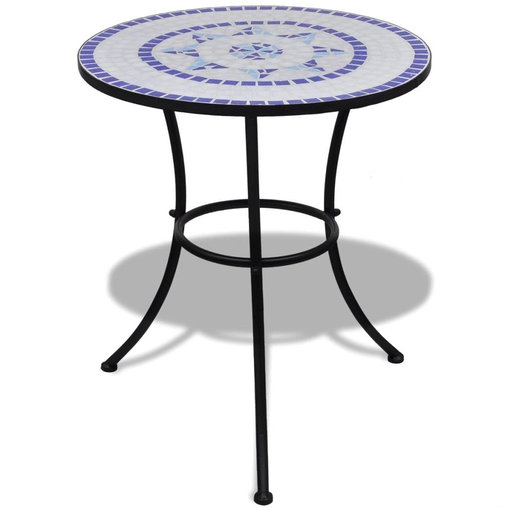 Tidyard Tisch Mosaiktisch Gartentisch Bistrotisch Balkontisch mit Eisenrahmen, Blau+Wei?, Rund, 60 x