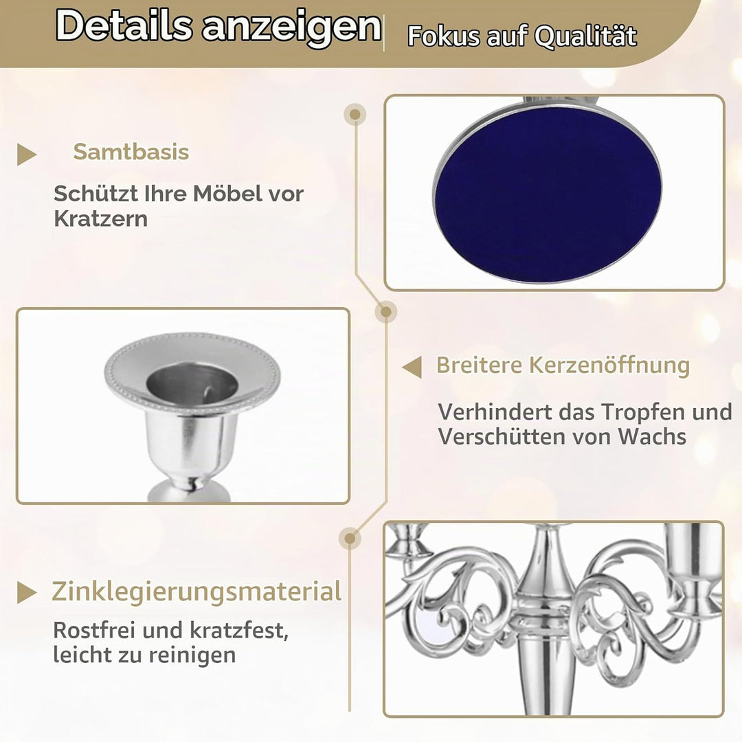 Nuptio Silberner Kandelaber Kerzenhalter 5-Armiger 27cm Hoher Kerzenständer für Spitzkerzen für Hoch