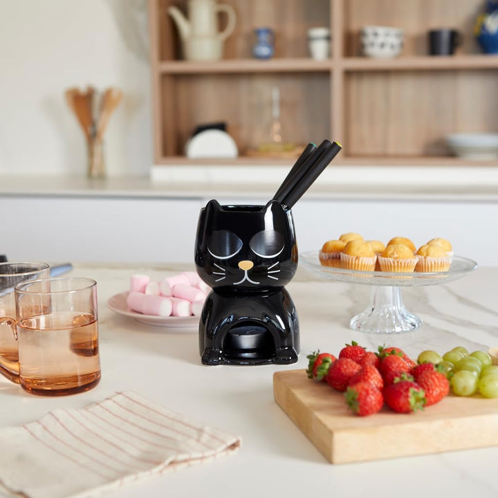 balvi Fondue Wake Cat Farbe Schwarz Wärmeempfindlich, die Katze öffnet beim Erhitzen die Augen Keram