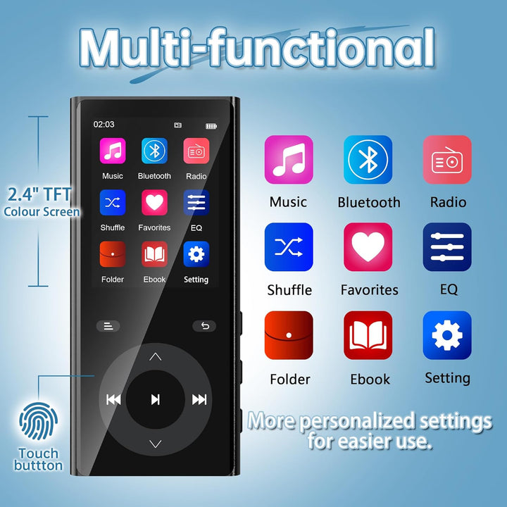 90GB MP3 Player Bluetooth 5.3, Musik Player 2 TF-Kartensteckplätzen, 2,4" Farbbildschirm, Touch-Tast