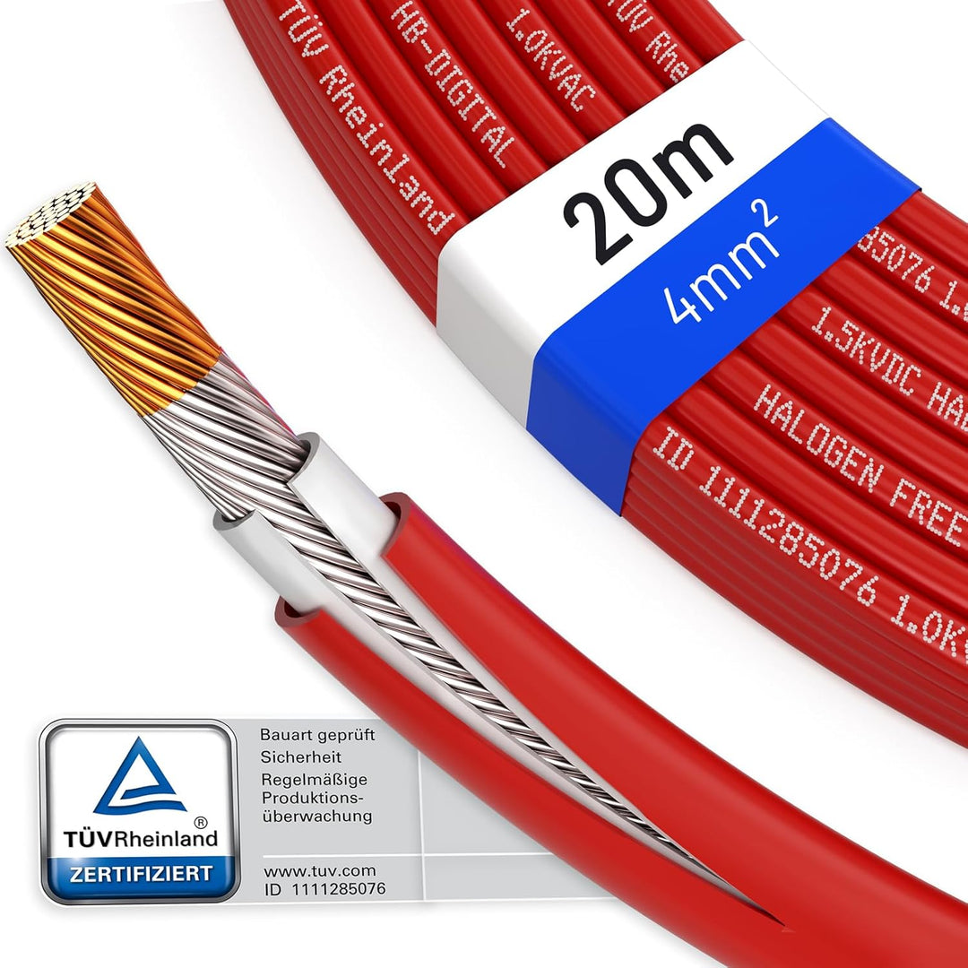 HB-DIGITAL 20m Solarkabel H1Z2Z2-K TÜV-zertifiziert 4mm2 UV-beständig flexibel PV Kabel Reines Kupfe