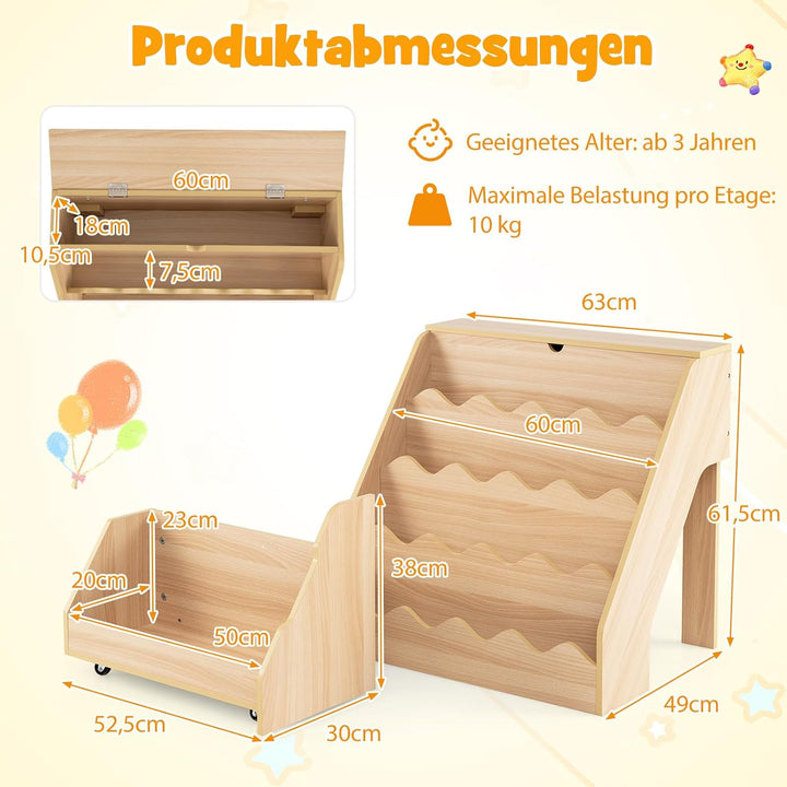 COSTWAY 4 stufiges Kinder Bücherregal, Kinderregal mit aufklappbaren Fach & Schublade auf Rollen, Sp