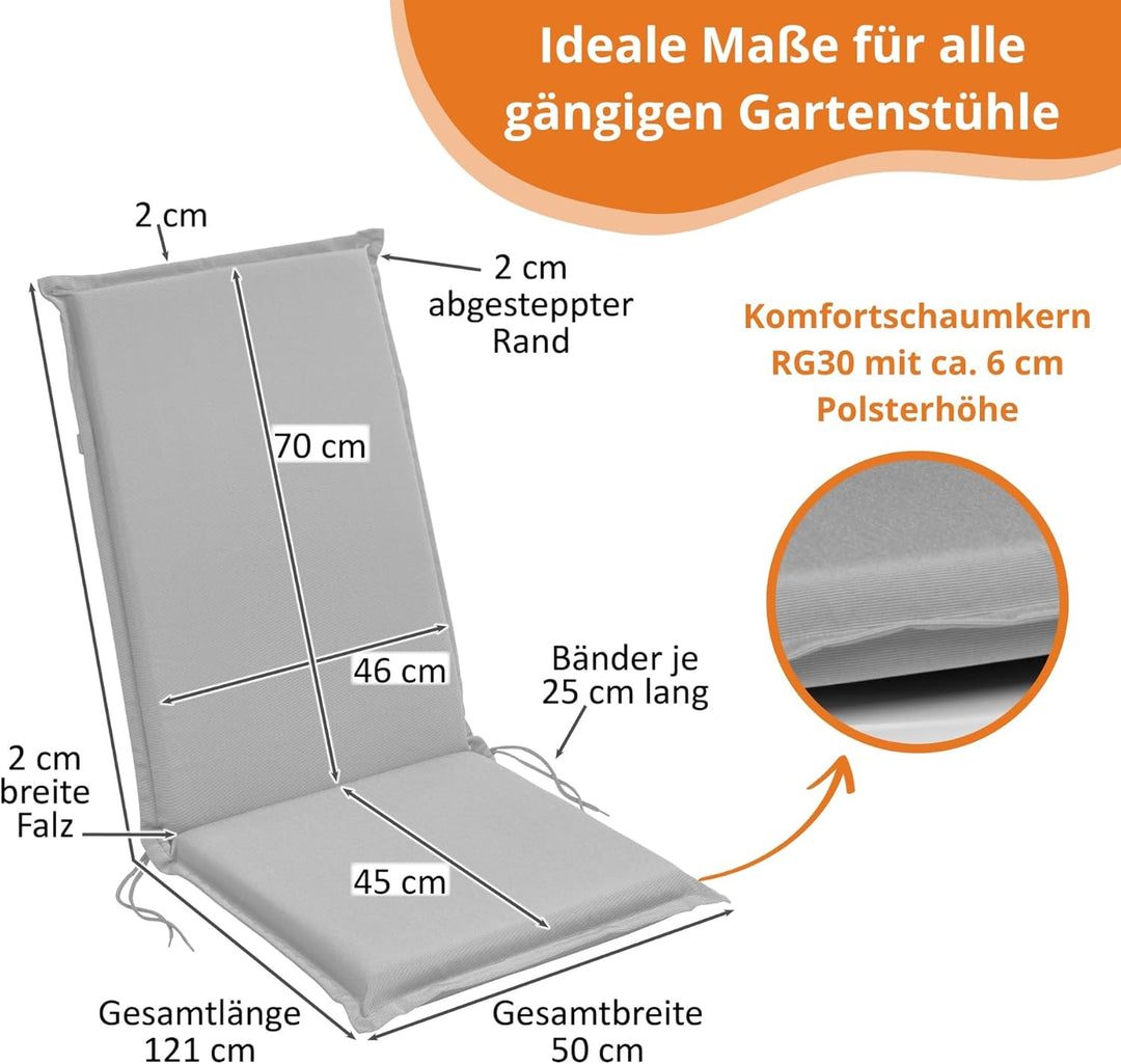 sleepling Hochlehner Auflagen 4er Set, Bequeme Gartenstuhlauflagen, Sitzauflagen Gartenmöbel 120x50