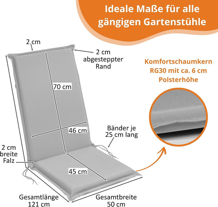 sleepling Hochlehner Auflagen 2er Set, Bequeme Gartenstuhlauflagen, Sitzauflagen Gartenmöbel 120x50