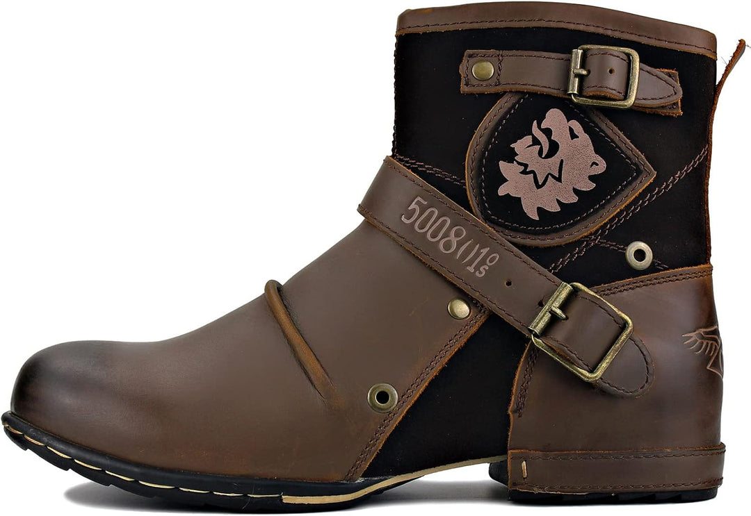 OSSTONE Herren Leder chukkastiefel Worker Biker Boots-Motorrad-Leder-Schuhe für reissverschluss Schn