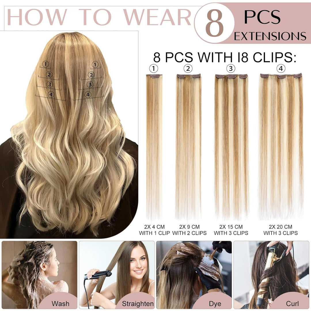 SEGO Clip in Extensions Echthaar Haarverlängerung Haarteil 8 Tressen leicht hitzebeständig glatt Wei