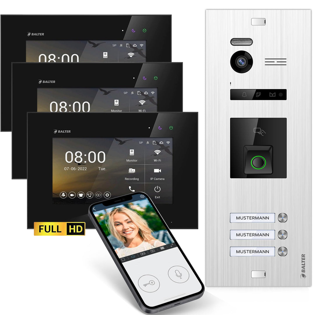 Balter EVO-HD Video Türsprechanlage mit Fingerprint, Video Türklingel, Smartphone App, 3 Familienhau