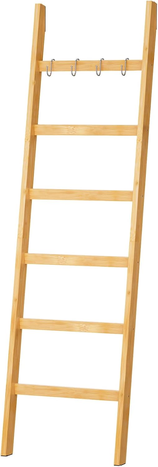 Yorbay Handtuchleiter Bambus, 6 Sprossen, Kleiderleiter mit 2 Sturzsicherheitsriemen und 4 Haken, Ha