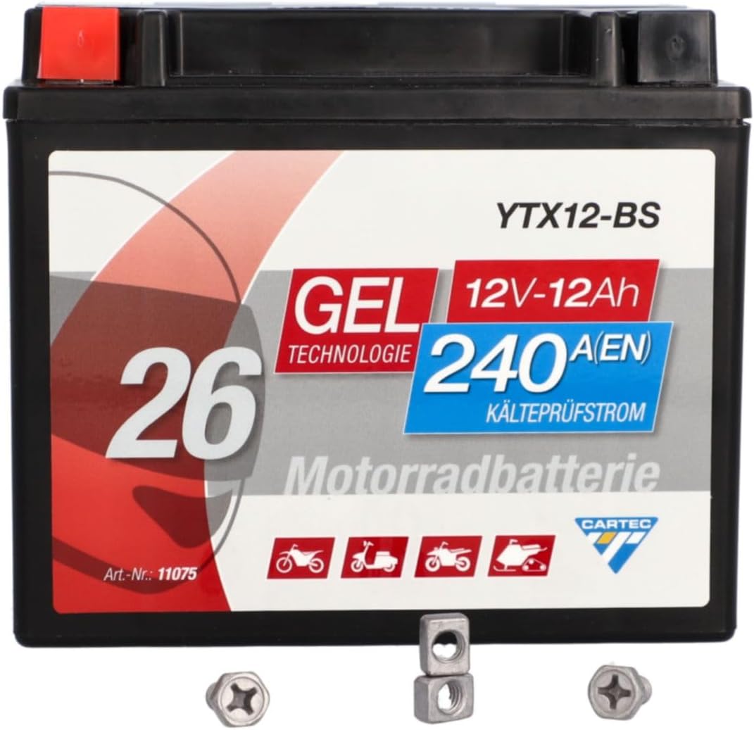 CARTEC Motorradbatterie YTX12-BS, 10Ah, 180A, Gel Technologie Motorrad-Starter-Batterie, Erstausrüst