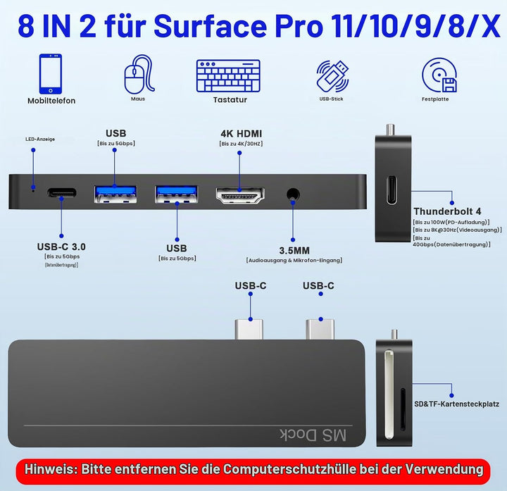 Surface Pro 11/10/9/8/X Docking Station – Surface Pro 9/10/11 Adapter mit 4K HDMI, Thunderbolt 4 (8K