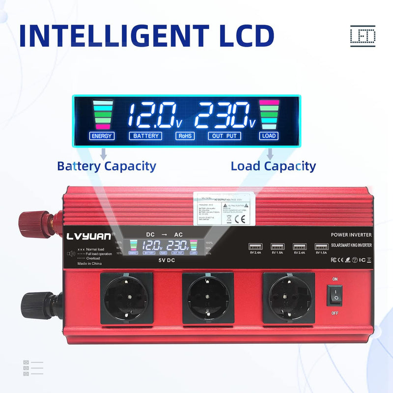 Wechselrichter 12V 230V 3000W /6000W Wechselrichter Fernbedienung 4X USB und LCD 3 AC Steckdosen Mod