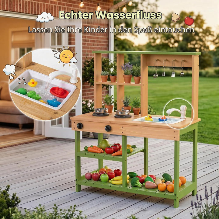 BRINJOY Matschküche Kinder Outdoor, Spielküche Kinder Holz-Matschküche für draussen mit realistische
