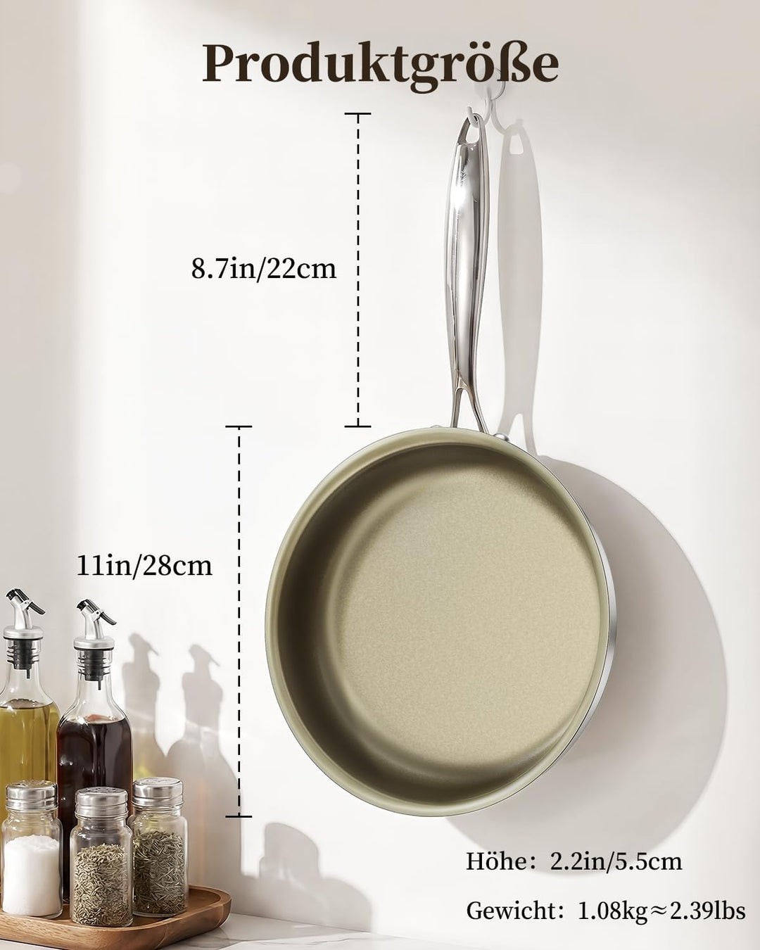 Edelstahlpfanne 28cm, Pfanne Beschichtet Antihaft, Bratpfanne induktion, PFOA &amp; PTFE-Frei, Für Alle