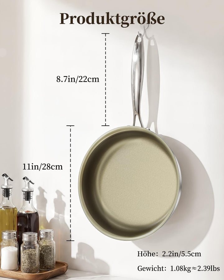Edelstahlpfanne 28cm, Pfanne Beschichtet Antihaft, Bratpfanne induktion, PFOA &amp; PTFE-Frei, Für Alle