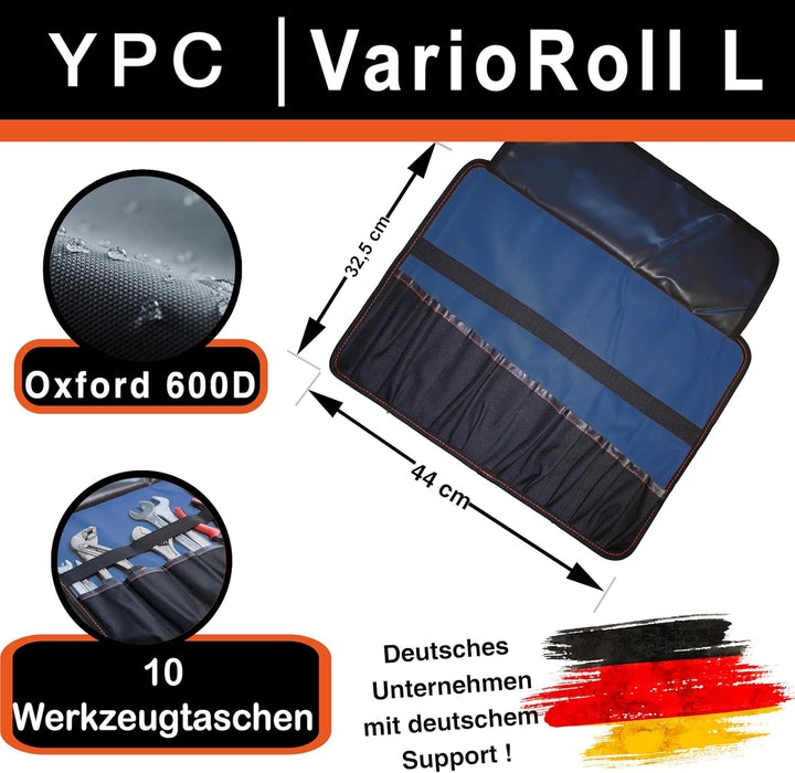 YPC VarioRoll L – 45x32cm, 10 Steckfächer und 4 Halteschlaufen, Werkzeugtasche rollbar, Messertasche