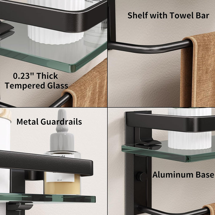 Danpoo Badezimmer Wandregal mit Handtuchstange, klares gehärtetes Glas, Handtuchhalter (mattschwarz)