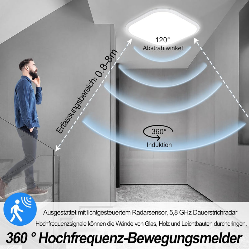 UISEBRT 24W LED Deckenleuchte Kaltweiss Radar Sensor mit Bewegungsmelder - Moderne Deckenlampe Ultra