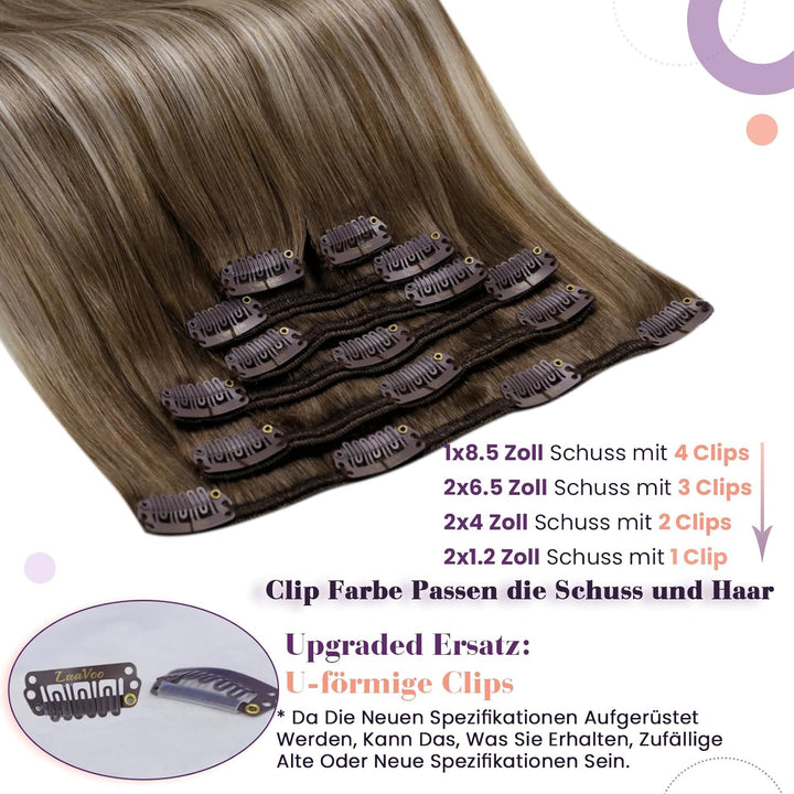 LaaVoo Echthaar Clip in Extensions Blond Balayage Haarverlängerung Echthaar Clip in Doppelt Tressen
