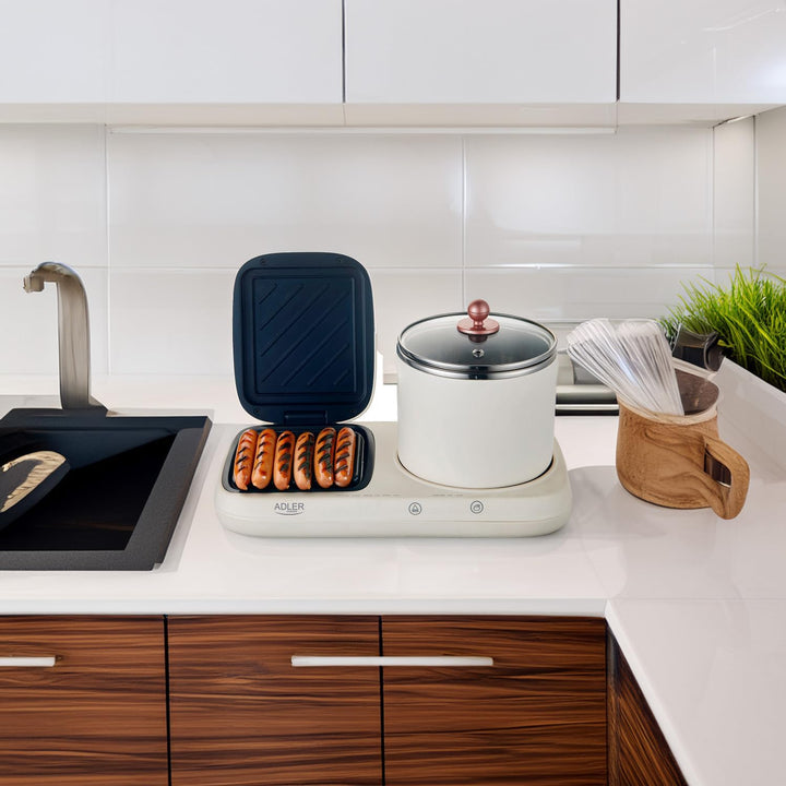 ADLER EUROPE AD 6421 Frühstücksstation 2-in-1 mit 1,0-L Kochtopf und Antihaft-Grillfläche | Retro De