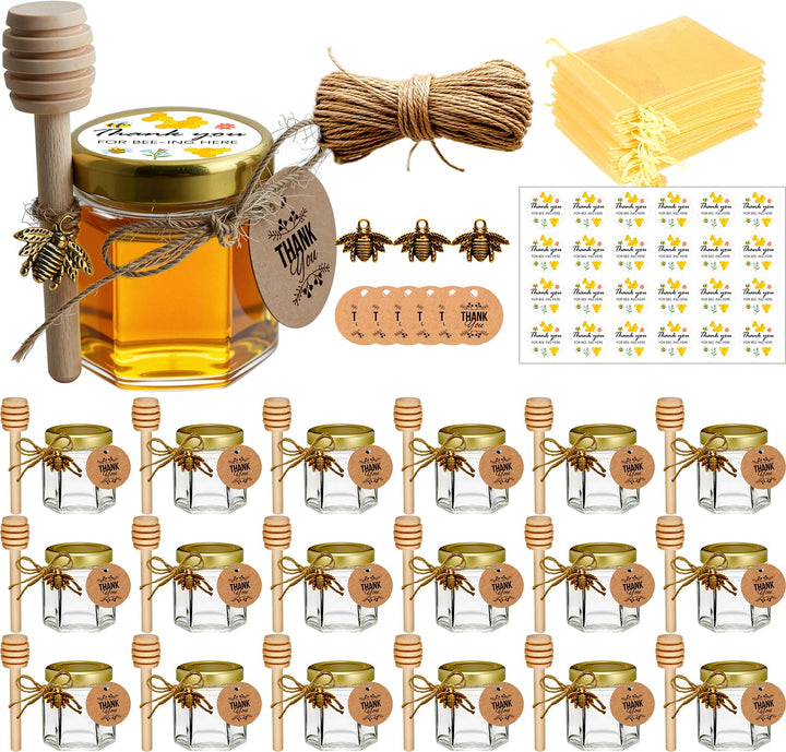 Ahhute 20er-Pack 1,5 oz Sechseckige Mini Honigglas mit Honiglöffel, Goldenen Deckeln, Bienenanhänger