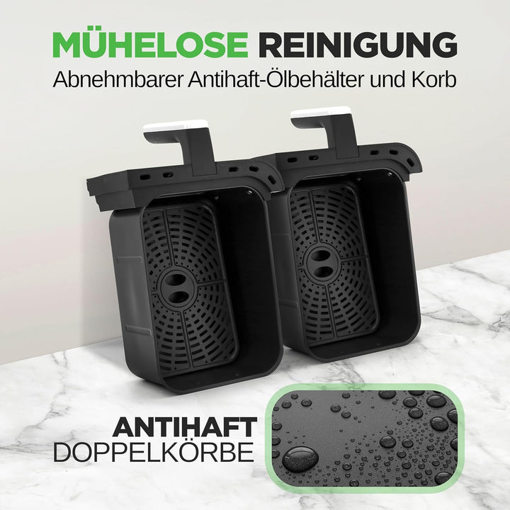 NutriChef Heissluftfritteuse Airfryer XL – 8L Doppel-Fritteuse mit 2 Körben & 9 Programmen Spülmasch