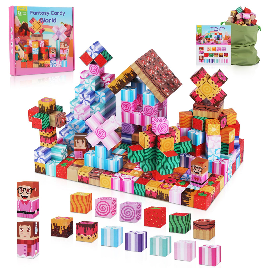 Magnetische Bausteine - 100 Pcs Magnet Spielzeug, Magnetic Blocks Bauen Fantasiewelt - Süssigkeitenw