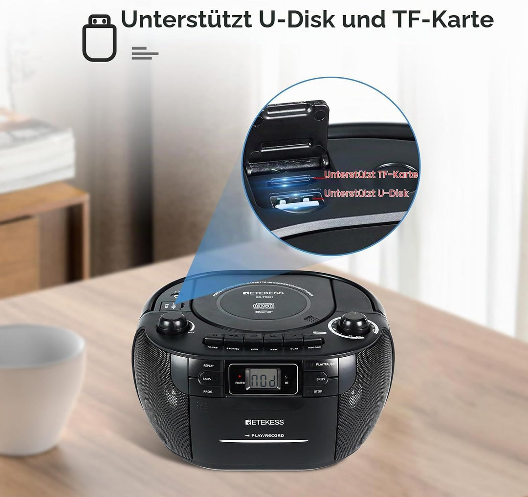 Retekess TR621 Tragbares CD Radio,Kassettenspieler CD,Stereo mit AM FM-Radio,Kassettenrekorder,Unter