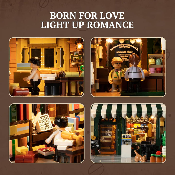 LUMIBRICKS Book Café Beleuchtetes Klemmbaustein-Set, 1707 Teile Modulares Café- und Buchladen-Modell