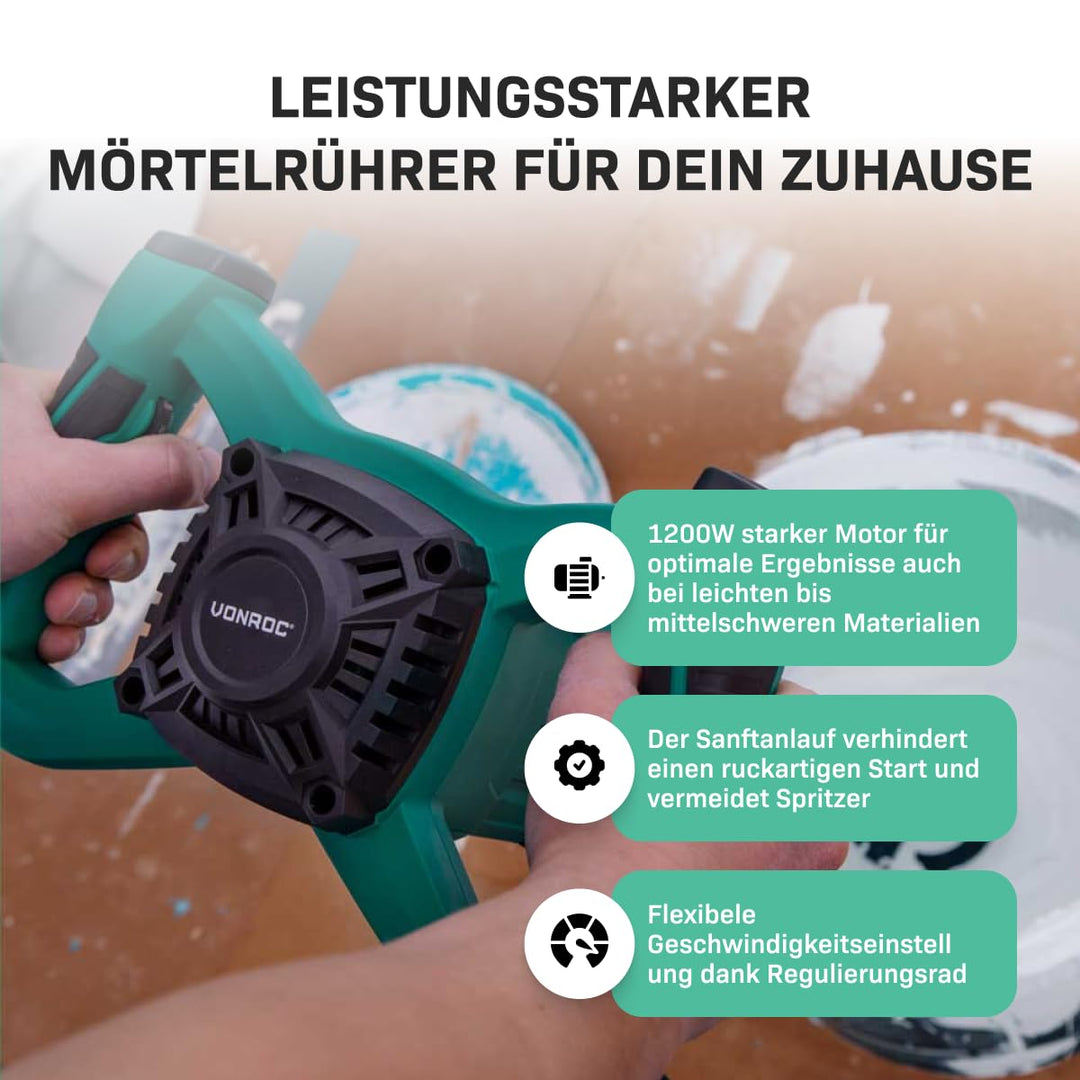 VONROC Farb- / Betonmischer 1200W - Soft Start - 3m Gummikabel - Inklusive Rührstab