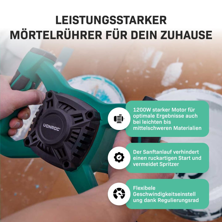 VONROC Farb- / Betonmischer 1200W - Soft Start - 3m Gummikabel - Inklusive Rührstab