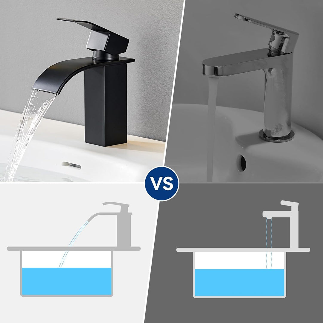 CECIPA Wasserhahn Bad Schwarz, Waschtischarmatur Wasserfall, Armatur Badezimmer Edelstahl, Waschbeck