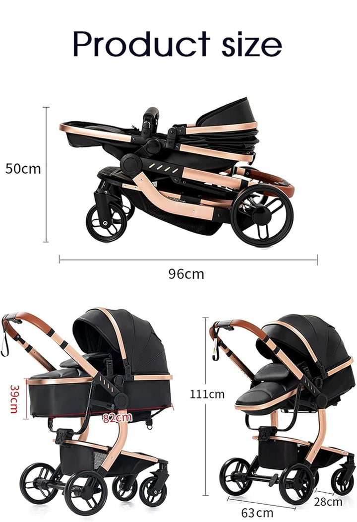 NADDLILY PU-Leder Kinderwagen 3 in 1, Buggy mit Umkehrbarem Zwei-Wege-Schub, Kinderwagen Faltbarem T