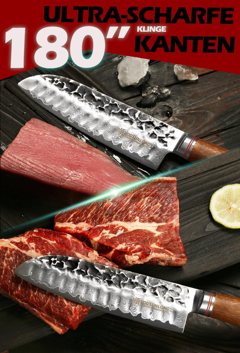 YOUSUNLONG Santoku 7 Zoll Pro Kochmesser Japanischer Griff aus gehämmertem Damaststahl aus natürlich