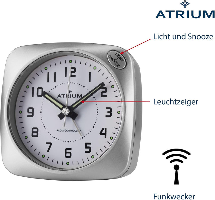 Atrium Funkwecker Analog Quarz ohne Ticken grosse Zahlen sehr deutlich mit Licht und Snooze Silber A