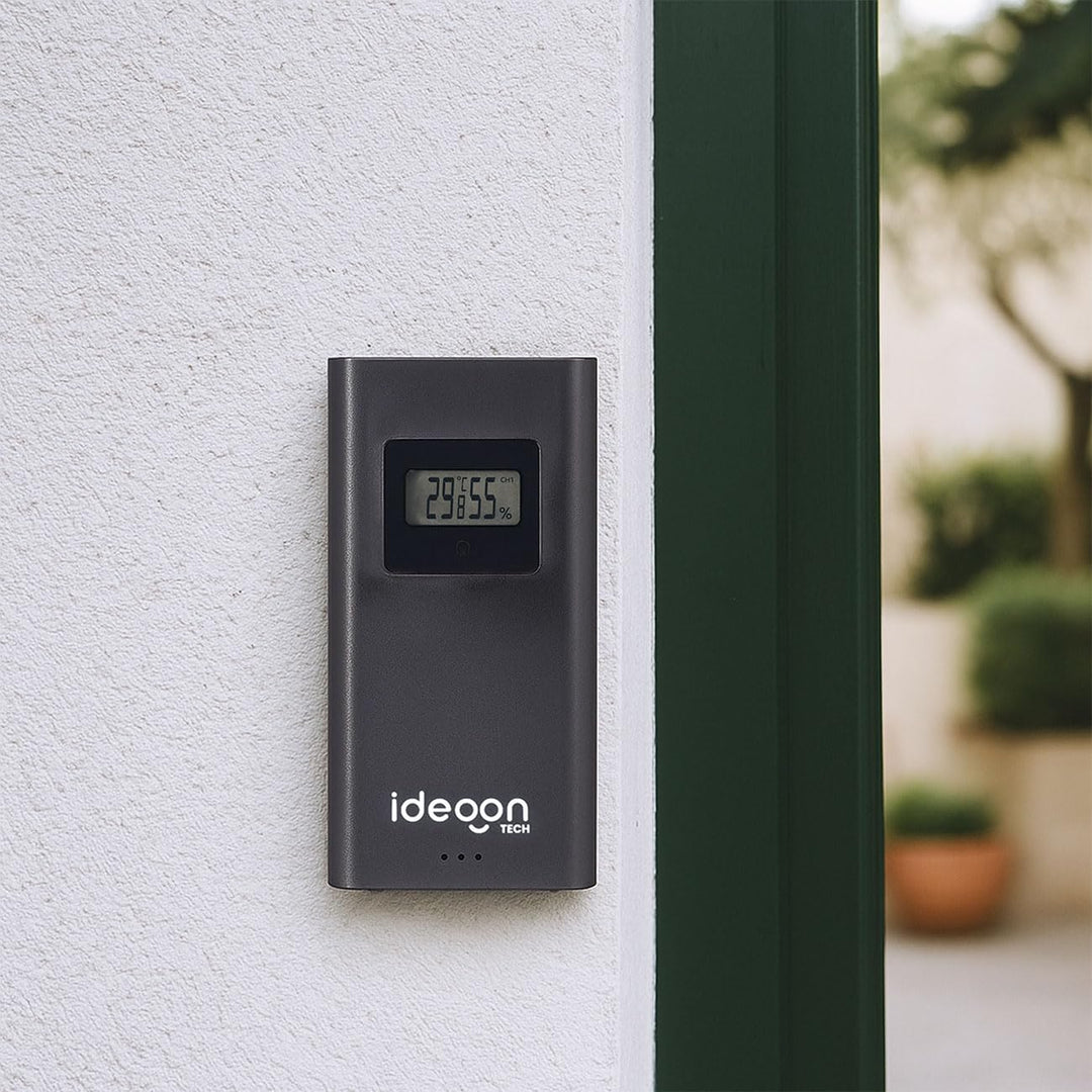 ideoon Moderne Funk-Wetterstation farbig: Rahmenloses LCD-Display für präzise Wetterprognose & Hygro