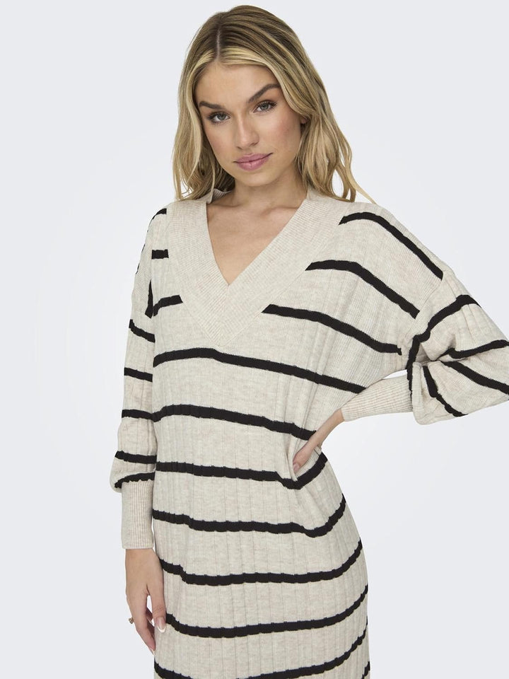 ONLY Female Strickkleid Onlnew Langes Kleid XXL Pumice Stone/Stripes:black, XXL Pumice Stone/Stripes