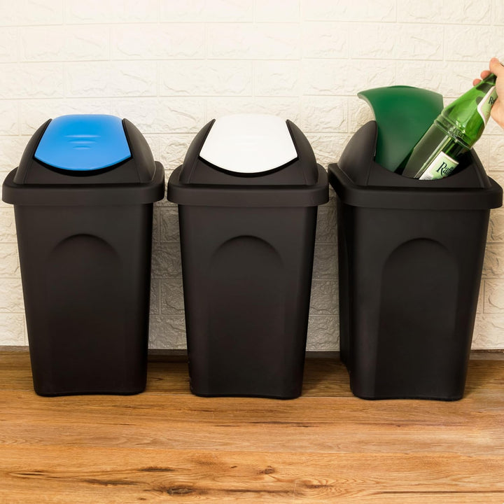 3x Schwingdeckel Mülleimer 30l blau grün weiss, Gelber Sack Mülleimer Küche, Mülleimer 3 Fächer, Mül