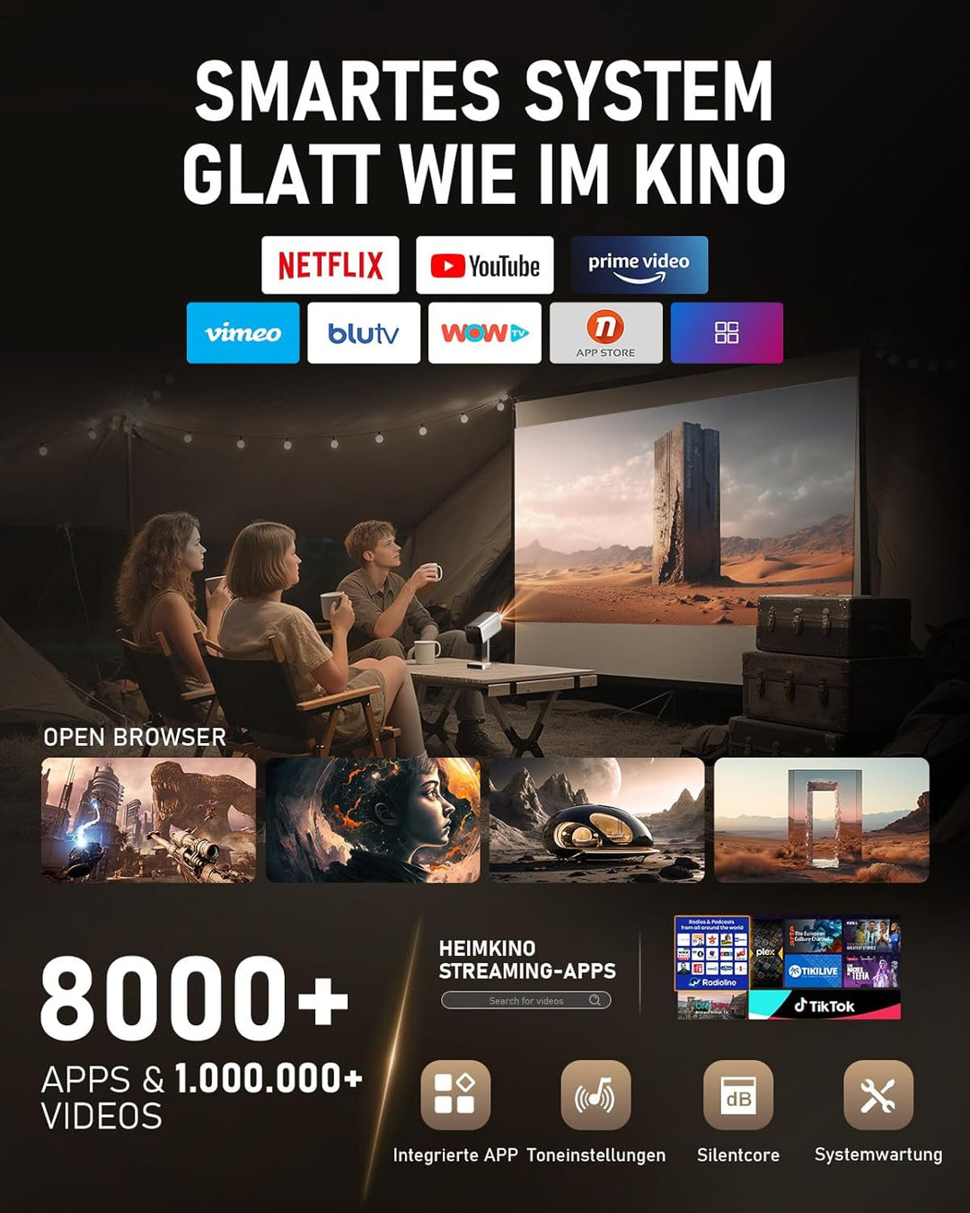 Smart Mini Beamer 4k [Kompatibel mit Netflix & Dolby Audio] VOPLLS TOF Autofokus/Trapezkorrektur Lum