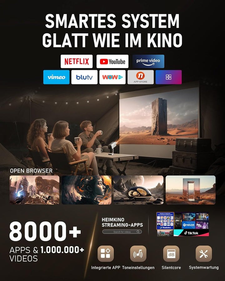 Smart Mini Beamer 4k [Kompatibel mit Netflix & Dolby Audio] VOPLLS TOF Autofokus/Trapezkorrektur Lum