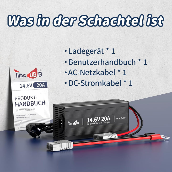 Timeusb LiFePO4 ladegerät 14,6V 20A Batterieladegerät 12V für Lithium-Eisenphosphat-Batterie, Schnel